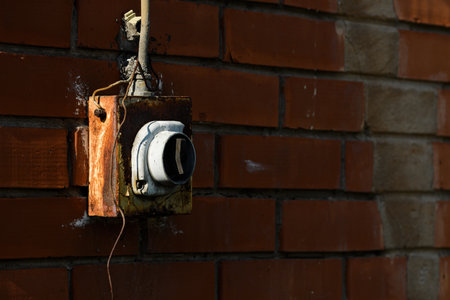Old worn electricity switch on exterior brick wall, selective focus