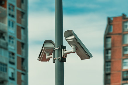 Surveillance camera in urban residential district with brutalist architectural style buildings, selective focusの写真素材