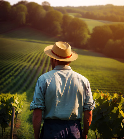 Farmer with straw hat standing in vineyard, rear view of male person, generative ai illustrationの素材