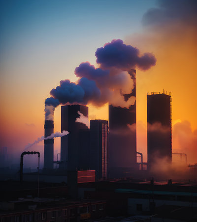 Air pollution in industrial era, large factory smoke stacks in sunset, generative ai illustrationの素材