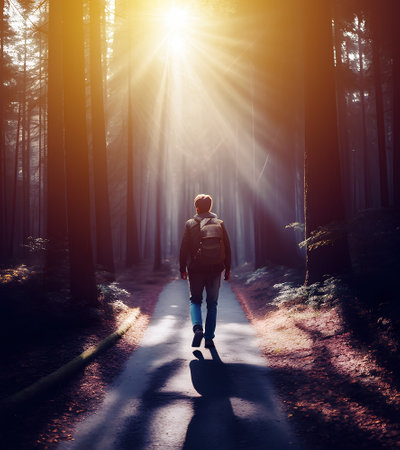 Alone backpacker male person walking through woodland, generative ai illustrationの素材