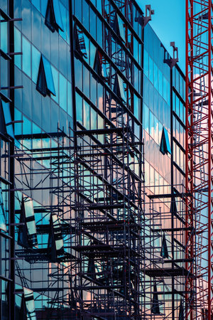 Reconstruction of modern office building with glass facade, construction site with scaffolding and crane forming abstract geometrical pattern, selective focusの写真素材