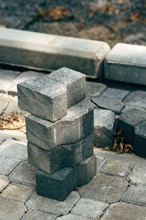 Concrete paving slabs on the street for sidewalk reconstruction, selective focusの写真素材