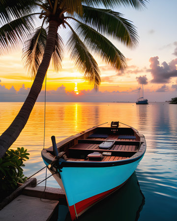 Small fishing boat at tropical island in sunset, generative ai illustrationの素材