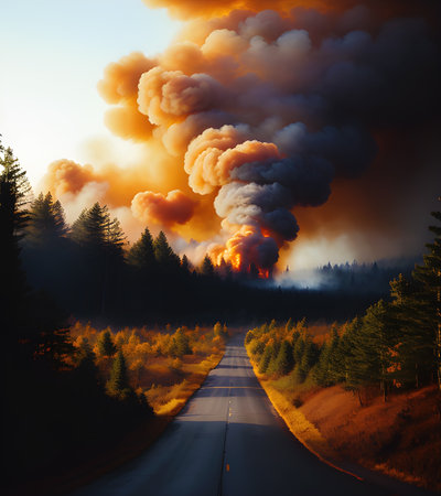 Large forest fire in summer, generative ai illustrationの素材