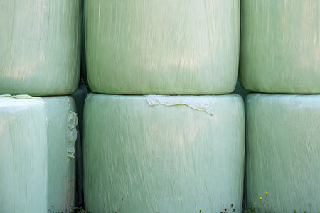 Cut grass gathered and rolled in plastic wrapping bales as animal fodder on agricultural farm, selective focusの写真素材