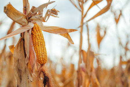 Ripe corn on the cob on maize crop stalk in autumn ready for harvest, selective focus
