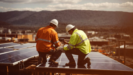 Construction workers installing solar panels on site, generative ai illustrationの素材