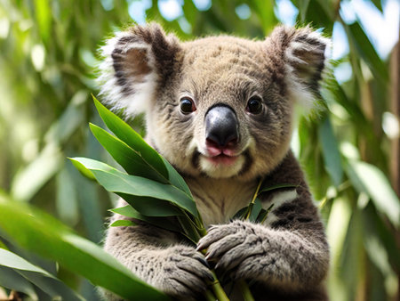 Happy koala eating bamboo leaves in forest, generative ai illustrationの写真素材