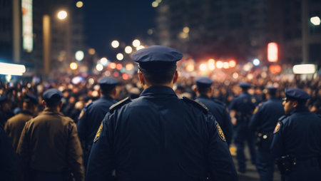 Rear view of police officer on the street in crowd of protesters, generative ai illustrationの素材