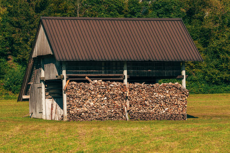 Stacked chopped firewood in farm shed for winter season, selective focusの写真素材
