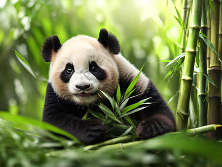 Cute young panda eating bamboo leaves, generative ai illustrationの素材