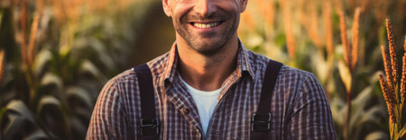 Smiling male farmer in corn field, generative ai illustrationの素材
