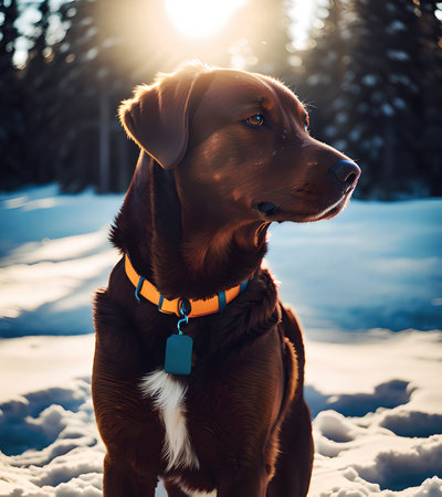 Brown labrador dog in winter snow, generative ai illustrationの素材