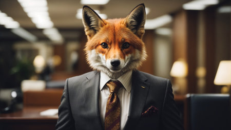 Elegant smart looking fox in business suit in legal firm office, generative ai illustrationの素材