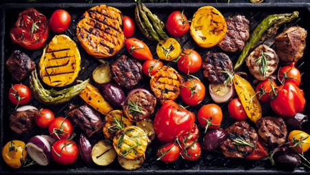 Top view of grilled meat and vegetables on barbeque, generative ai illustrationの素材