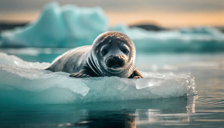 Baby seal floating on melting ice sheet, global warming and climate change concept, generative ai illustrationの素材