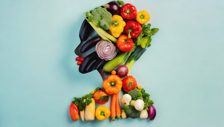 Healthy eating and dieting concept, female head made of fresh vegetable, generative ai illustrationの素材