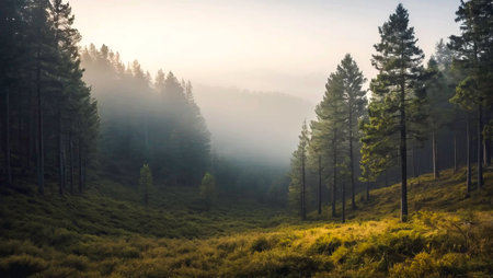 Peaceful landscape, misty pinewood forest in morning, generative ai illustrationの素材