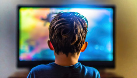 Rear view of small boy watching a tv, generative ai illustrationの素材