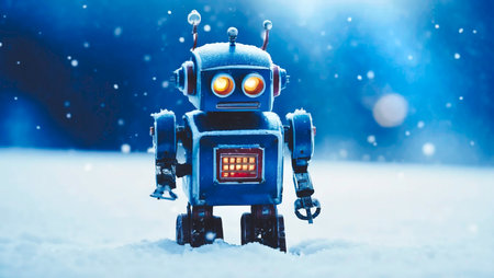 Vintage style robot trapped in winter snow, generative ai illustrationの素材
