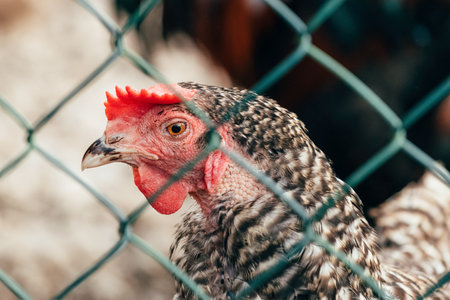 Chicken behind the wire fence on farm, selective focus