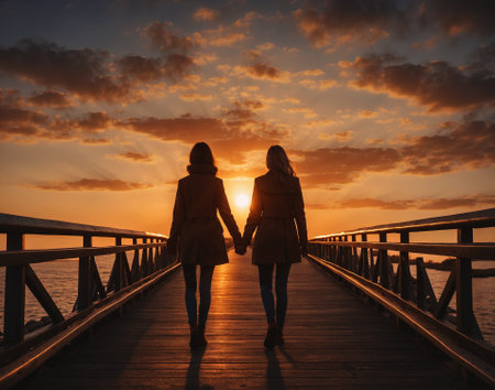 Female couple holding hands and walking toward sunset across the wooden bridge, generative ai illustrationの素材