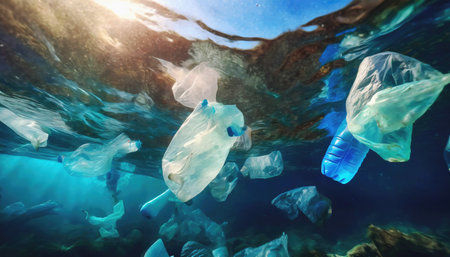 Lake or river water polluted by plastic bottles bags and other material, generated by AIの素材