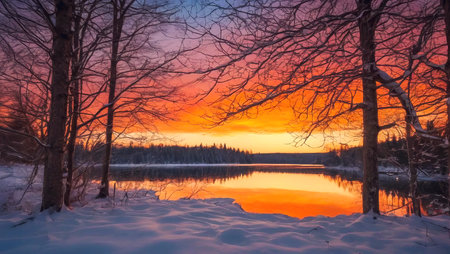 Peaceful winter landscape, sunset over the lake and forest, generative ai illustrationの素材
