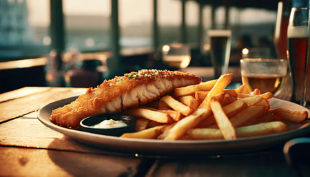 Fish and chips, traditional food on a plate in bar, generative ai illustrationの素材