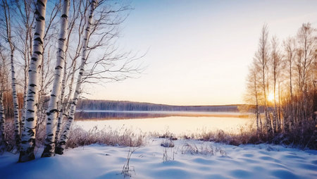 Winter season sunrise over the woodland and birch woodland, peaceful landscape, generative ai illustrationの素材