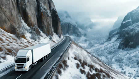 Semi-truck on winter road, generative ai illustrationの素材