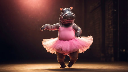 Anthropomorphic animal character, female hippo in ballet dress, generative ai illustrationの素材