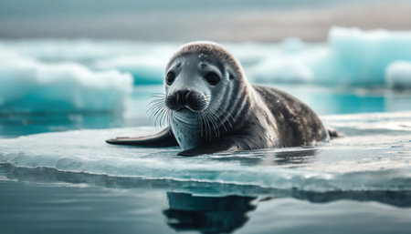 Baby seal floating on melting ice sheet, global warming and climate change concept, generative ai illustrationの素材