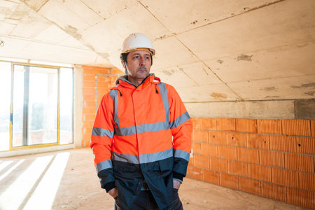 Portrait of construction engineer and building contractor on site, selective focus