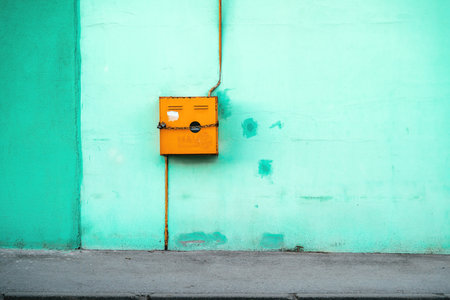 Old gas meter box on green wall with copy spaceの写真素材
