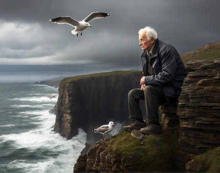 Old man and seagulls on ocean cliff, generative ai illustrationの素材