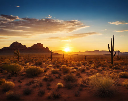 Tranquil desert landscape at sunset, generative ai illustrationの素材