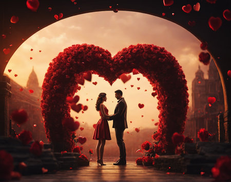 Romantic couple under a heart shaped floral decoration for valentine's day. Generative ai illustration.の素材