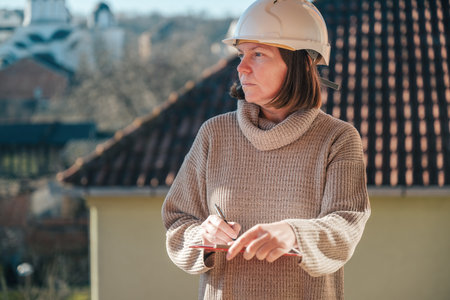 Female architect making notes and remarks during building site inspection, selective focusの写真素材