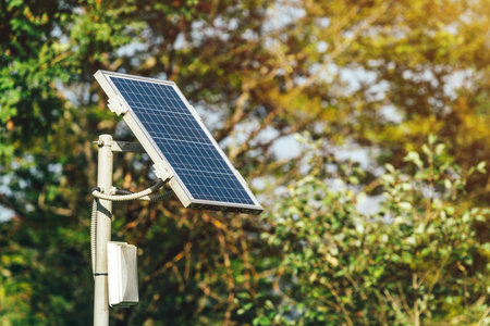 Solar powered equipment, panel mounted on the post, selective focusの写真素材