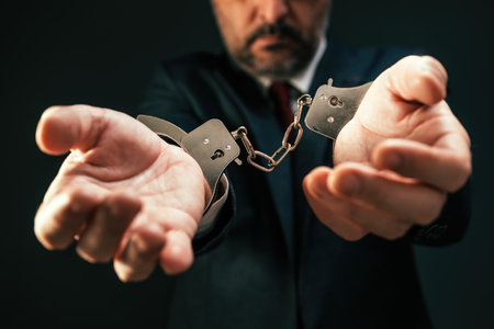 Arrested corrupted politician with handcuffs, closeup with selective focusの写真素材