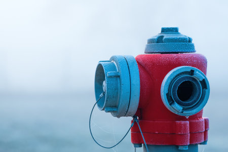Frozen water hydrant in foggy winter morning, selective focus