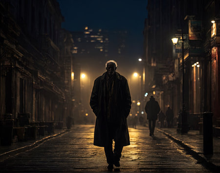 Old man walking down the dark street at night, generative ai illustrationの素材