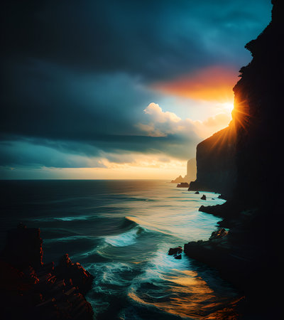 Sunset over the ocean cliff, generative ai illustrationの素材