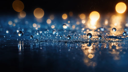 Dynamic water drop splash effect, droplets with light and darkness dance, generative AI illustrationの素材