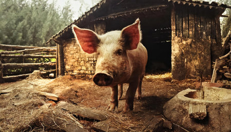 Pig in farm barn, Ai generated, generative Ai illustrationの素材
