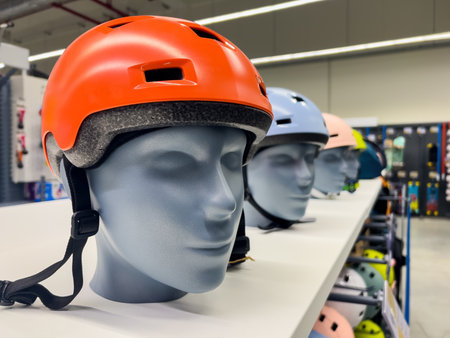 Cycling helmet on mannequin head in sport equipment store, selective focus
