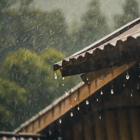 Summer shower rain, raindrops falling of the roof, generative AI illustrationの素材
