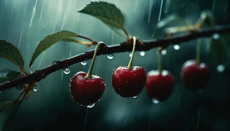 Ripe cherry fruit on branch in orchard on a rainy day, generative AI illustrationの素材